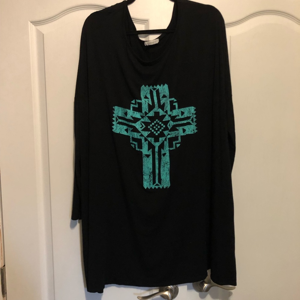 Tunic w turq cross, long sleeve